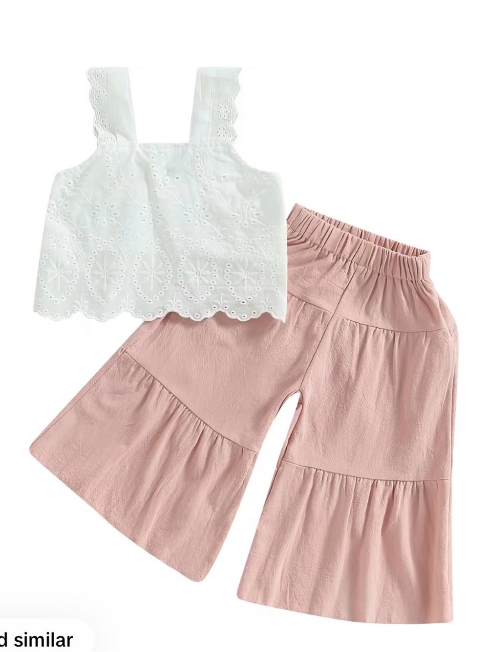 Girls' Pink Wide-Leg Ruffle Pants - White Eyelet Tank Set